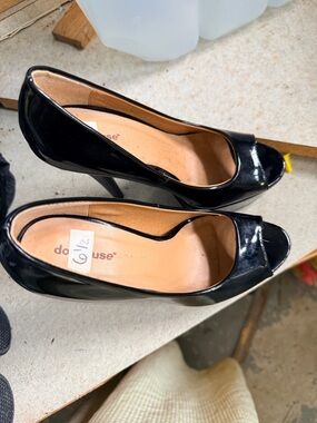 Dollhouse Black Patent Open-Toe Stiletto Heels